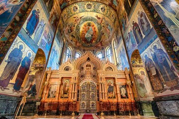 Saint Petersburg, Russia - 23 July 2025: View of the Church of the Savior on Spilled Blood interior, a dazzling display of mosaics and ornate details.