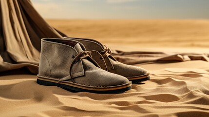 A photo of a pair of desert boots on a mat