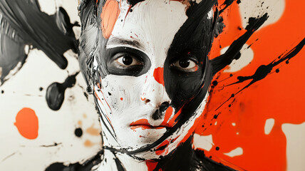 Asian young adult with abstract face paint of bold black, white, and red splatters