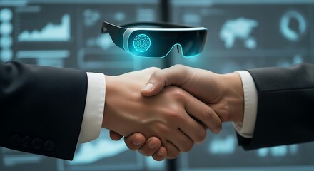 A handshake between two businessmen against a backdrop of futuristic digital data symbolizing a tech deal