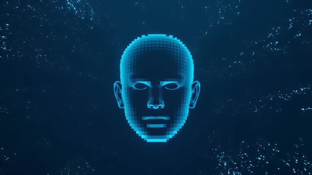 Digital Facade Abstract Artificial Intelligence Head Emerging in Blue Hues 