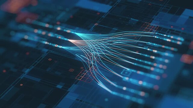 This digital animation visualizes the intricate flow of information and network connections, symbolizing big data processing, artificial intelligence, and cybersecurity in a modern technology - Powered by Adobe