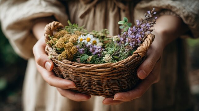 Hands holding a small woven basket filled with wildflowers and herbs