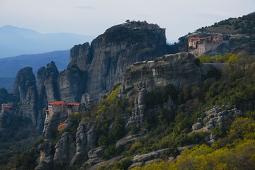 Meteora Monasteries: rock formation in the regional unit of Trikala, in Thessaly, in Greece, hosting one of the most impressive complexes of Eastern Orthodox monasteries. UNESCO World Heritage. 