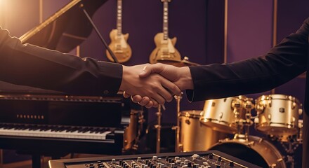 A handshake between two people in a music studio with instruments in the background