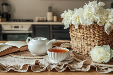 Bright cozy kitchen table with white teapot, tea cup, open book and bouquet of white peonies in ceramic vase. Calm and aesthetic home interior scene with warm daylight