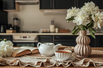 Bright cozy kitchen table with white teapot, tea cup, open book and bouquet of white peonies in ceramic vase. Calm and aesthetic home interior scene with warm daylight