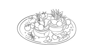 Vegetable snacks on plate, continious line drawing. Vegetable salad outline. Vector illustration