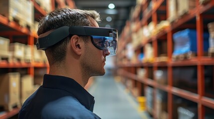A logistics professional using augmented reality (AR) to navigate warehouse shelves.