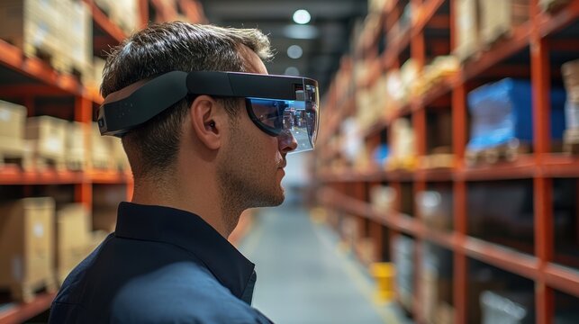 A logistics professional using augmented reality (AR) to navigate warehouse shelves.