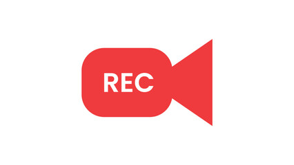 Red video camera icon with REC text on a white background symbolizing recording functionality