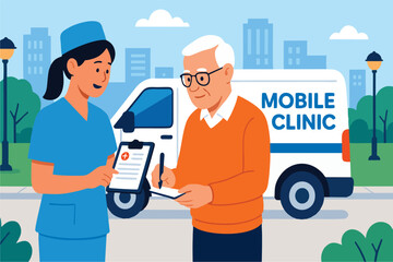 Flat Vector Illustration of Urban Mobile Health Service with Nurse Assisting Senior Citizen at Mobile Clinic