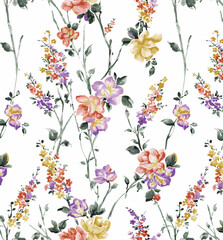 Meadow flowers, grass, herbs. Seamless herbal background in white colors for fashion design. Watercolor flower pattern,
