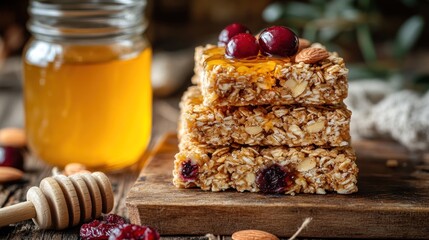 Honey-cranberry oat bars stacked on a rustic wooden board