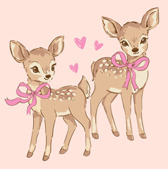 Baby Deer Illustration with Pink Bow Cute Hand Drawn Vector for Kids Prints