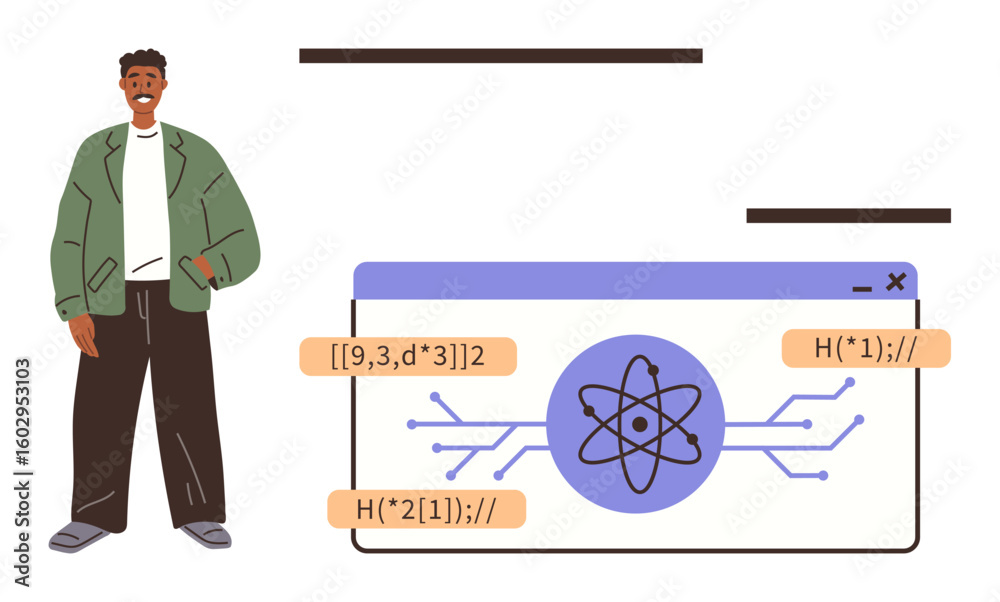 Poster young man stands beside digital interface displaying atomic structure, code snippets, and connectivi