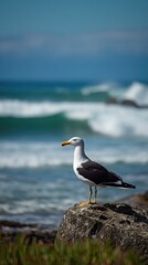 Seagull perched on a rock by the ocean.