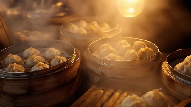 Rows of dumplings steaming in golden restaurant ambiance