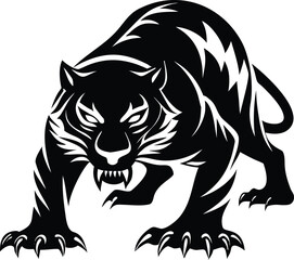 Crouching Tiger Silhouette with Fierce Expression and Curved Tail