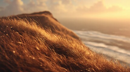 Golden grass atop a coastal hill at sunset.