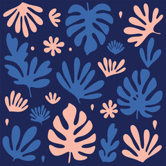 Abstract floral and leaf shapes in blue and coral on dark blue background pattern