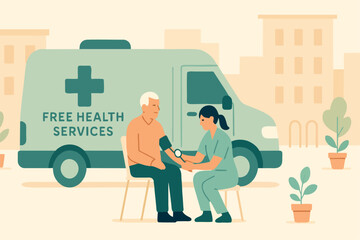 Flat Vector Illustration of Mobile Health Check-Up Van with Nurse Assisting Elderly Man on City Street – Modern Urban Healthcare Concept
