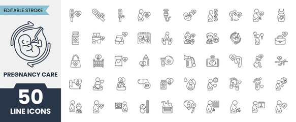 Pregnancy care outline icon set. Editable stroke. Vector illustration