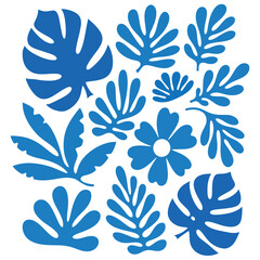 Blue abstract botanical shapes and flower illustration on white background vector