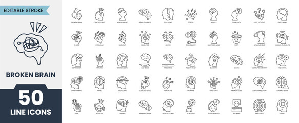 Broken Brain outline icon set. Containing brain, mind problem, brain symptom, headache, mental and more. Vector illustration