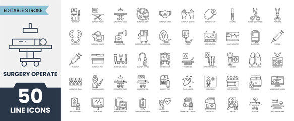 Surgery operation line icon set. Containing scalpel, gloves, mask, monitor, tools, gown, iv, lamp and more. Vector illustration