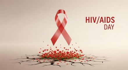 Hiv aids day awareness with red ribbon above flowers growing from cracked ground on a beige background