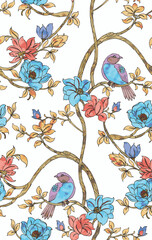 watercolor seamless floral pattern with birds. vintage hand drawn background pattern. botanical flower vector illustration. flower branch pattern. birds vector. 