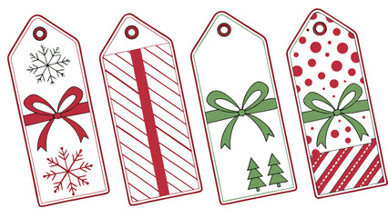 Four christmas themed gift tags featuring snowflakes, bows, stripes, polka dots and christmas trees