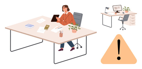 Woman sitting at a large desk viewing a tablet, surrounded by office items, books, and plants. Includes secondary desk with computer and drawers, caution sign. Ideal for workplace, organization