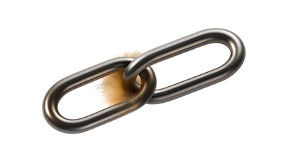 Two metallic chain links connected with a fluffy brown substance in the middle isolated on a transparent background
