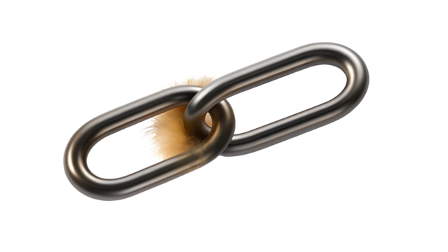 Two metallic chain links connected with a fluffy brown substance in the middle isolated on a transparent background