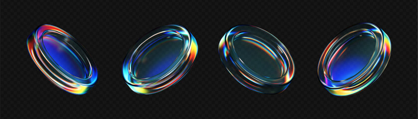 3D transparent glass coin icons with holographic and iridescent effect. Render of flying glass coin for digital currency, casino chip, reward medal, or futuristic UI element. 3D vector illustration