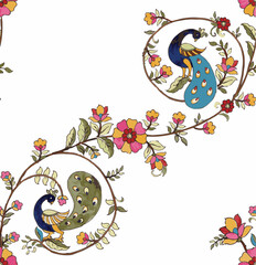 Indian Kalamkari style peacock Design, Digital Print Element, Motif Design For Textile design, indian style saree design, madhubani kalamkari. traditional seamless peacock print.