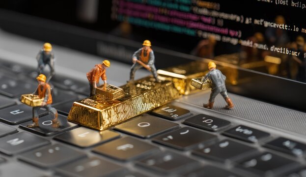 Miniature gold miners on a laptop keyboard - Powered by Adobe