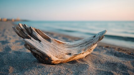 Driftwood rests on a sandy beach at sunset.