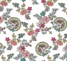 Seamless watercolor floral pattern with flower composition on white background, perfect for wallpapers.japanes pattern, chinese pattern.