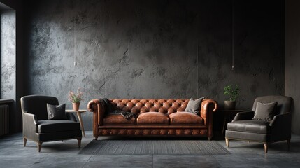 A dimly lit interior scene features a brown leather Chesterfield sofa, flanked by two dark armchairs, a small round side table, 