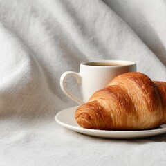 Freshly Baked Croissant Next to Coffee on Soft Table Cloth