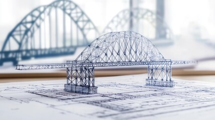 A bridge engineering blueprint with structural calculations in the background.