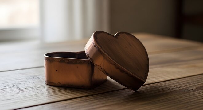 Close up of two copper heart shaped cookie cutters on a wooden table near a window with white curtains - Powered by Adobe