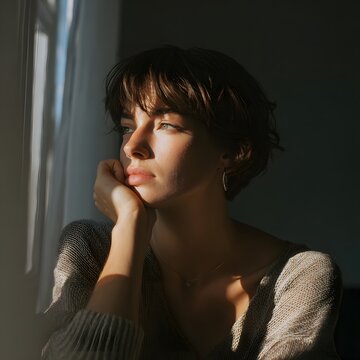 Introspective Gaze: A portrait of pensive contemplation, a woman is looking out the window in a soft window light, evoking a mood of introspection.