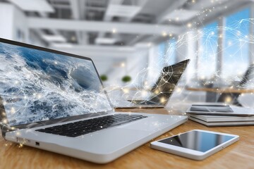 Modern office with digital connection and laptops showcasing networking concepts