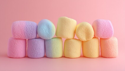 Colorful marshmallow stacks against a pastel pink background.