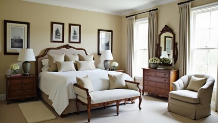 A bedroom interior with antique furniture and artwork.