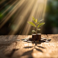 Growing Plant Emerging from Stack of Coins in Soft Sunlight